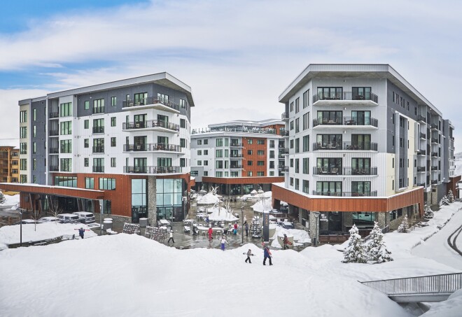 The snow-covered ski-in/ski-out location in Canyons Village of Pendry Park City hotel in Utah.